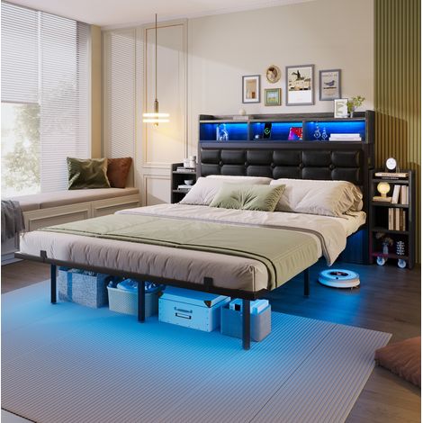 Cama doble 140/190 cm gris de hierro con LED, carga USB-C y 2 mesitas deslizables (1/5)