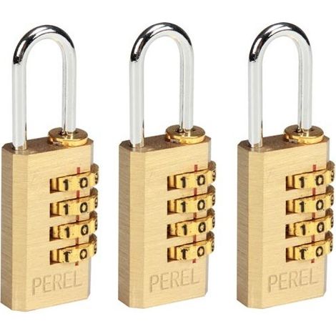 Perel – Cadenas à combinaison 20 mm en laiton massif – Anse en acier chromé – Sécurité 4 chiffres – Lot de 3 – SLKCSET