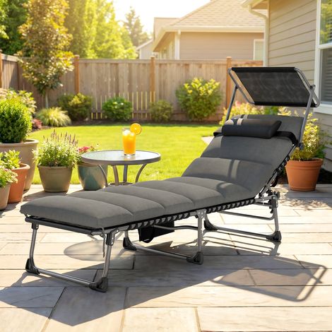 Bain de Soleil 5 Positions Inclinables, avec Canopy Coussin Appuie-tête Poche Latérale, 190x57x30cm, Gris Foncé