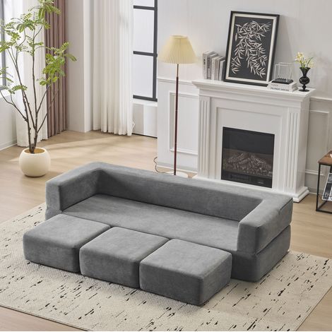 Ebern Designs Wandelbares Sofagarnitur mit 3 Fußstützen – Bett aus hochelastischem Schaumstoff, platzsparendes Chenille-Bodensofa für Studio-Apartments und Heimbüros. Grau (1/5)