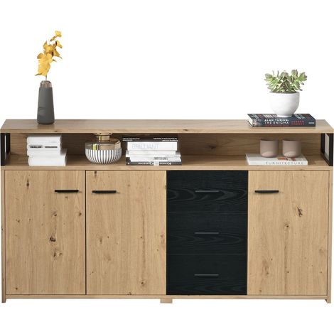 Buffet industriel 3 portes et 3 tiroirs, meuble de rangement avec niches ouvertes, étagères réglables, effet bois noir, pour salon, cuisine ou bureau CHICFURN (1/5)