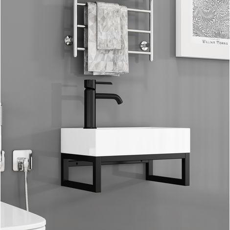 Wand-Handwaschbecken 40,2x25,1x21 cm aus Keramik in Mattweiß mit Metallrahmen – MEUBLIV (1/5)