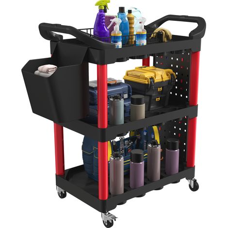 HOMCOM carro de taller de 3 niveles, carro de herramientas con paneles perforados, asa lateral, ganchos, cubeta, negro y rojo (1/5)