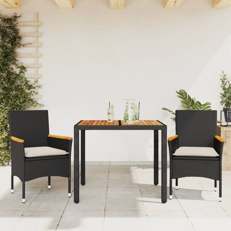 Set de comedor jardín 3 pzas con cojines ratán PE acacia negro vidaXL (1/5)