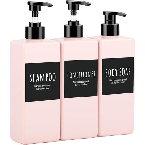 3 Pièces - Distributeur Savon - Flacon Pompe - Capacité 500ml - Plastique PET Résistant Avec Étiquettes Pour Salle De Bain Et Voyage - Rose - 500ml (1/5)