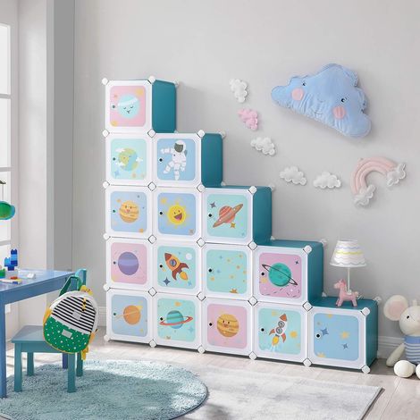 Songmics – Meuble de rangement enfant 16 cubes en polypropylène – Armoire modulable avec portes – Compartiments 30 x 30 cm – Capacité 10 kg par cube – LPC902Q01