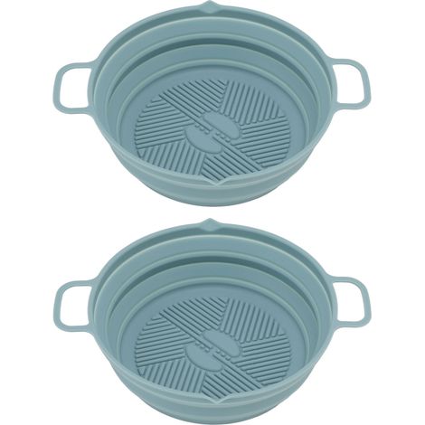 Set mit 2 zusammenklappbaren runden Silikonkörben in Lebensmittelqualität für Heißluftfritteusen (blau). (1/5)