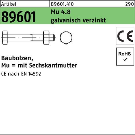 Boulon R 89601 CE écrou 6 pans M24x 560 Mu 4.8 galv. 5 pièces