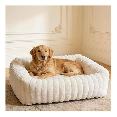 Panier Chien Rectangulaire Texture Ondulée Lit pour Chien Pelucheux Coton Bords Surélevés Housse Lavable Antidérapant pour Chiens