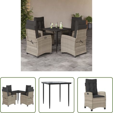 Gartentisch -  5-tlg. Garten-Essgruppe mit Kissen Hellgrau Poly Rattan (1/5)