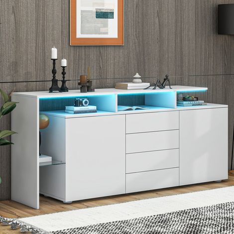 Mueble TV con LED 160 x 35 x 70 cm, 2 puertas, 4 cajones, blanco brillante y mate DESVIAE (1/5)