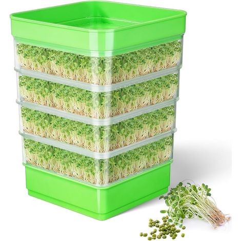 Kit de Germination de graines, kit de Culture de germes de Haricots à 4 étages, Plateaux de Culture de Micro-organismes Verts empilables pour Haricots, Luzerne et Herbe de blé