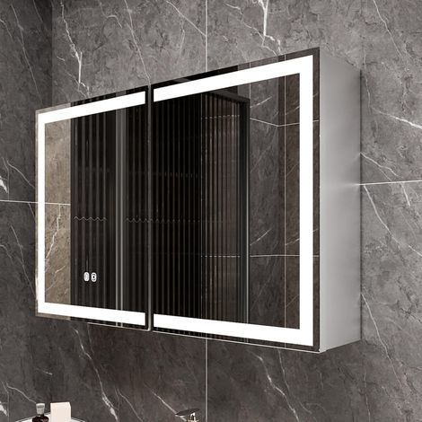 Mutital Armadietto Specchio Bagno LED 80 × 60 cm con 2 Ante e Cornice Nera, Antiappannamento, 3 Colori di Luce, Comando Touch, Presa Integrata e Ripiani Regolabili (1/5)