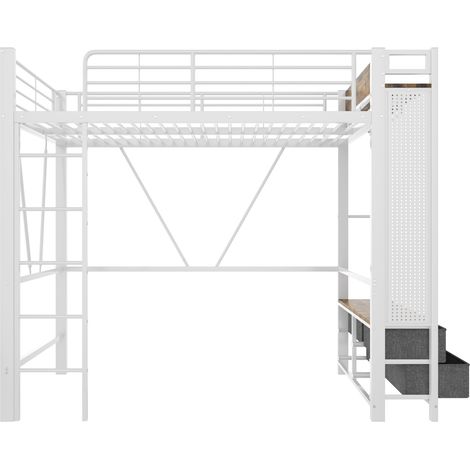 Cama alta 90 x 200 cm de metal y MDF blanco con LED, USB Tipo-C y almacenamiento (1/5)
