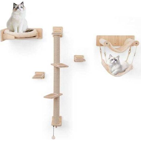 Gain d'Espace au Sol Étagères Murales pour Chat Lot 5 Pièces avec Hamacs Lit et Griffoirs Jute pour Mur Solide (1/5)