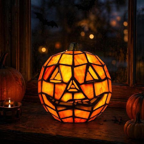 Lampe en résine style Tiffany citrouille d'Halloween, lampe en résine effet vitrail, décorations citrouille d'Halloween, motifs nuit (1/5)