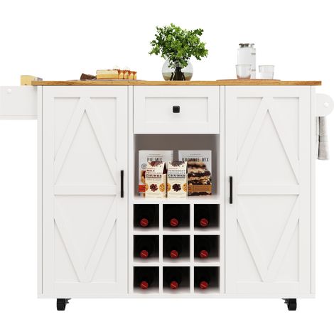 Isla de Cocina con 1 Cajón, 2 Estantes, 2 Puertas y Encimera Abatible, en MDF, Blanco, 137,5 x 40 x 95,6 cm (1/5)