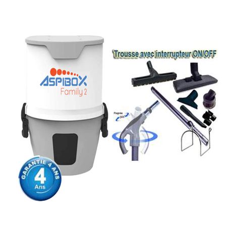 Centrale d'aspiration hybride Aspibox Family2 garantie 4 ans (jusqu’à 150 m²) + Set inter 9 M + 8 accessoires + 1 Kit de nettoyage micro offert (1/5)