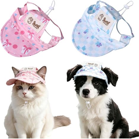 2 Pièces Casquette Chien de Protection Solaire, Chapeau pour Chat Réglable avec Trous d'oreilles, Chapeau de Sport Chat de Compagnie Extérieur pour l'Été Convient Chats et Chiots, Respirant (1/5)