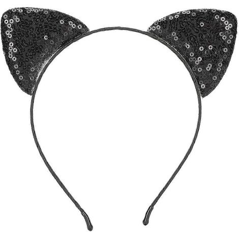 Serre-tête réversible à oreilles de chat à paillettes, bandeaux brillants pour cheveux, accessoires chat pour femmes, noir (1/4)