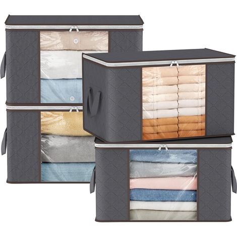 Sac Rangement, Grande Boite Rangement Vetement Pliable, Housse Rangement avec Poignées Renforcées, Sac Demenagement pour Couettes, Couvertures, Gris, 60L, Lot de 4 (1/5)