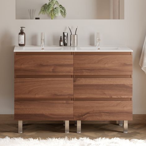 Meuble de salle de bain 140cm double vasque - 6 tiroirs - sans miroir - noyer (bois foncé) - MAYOR