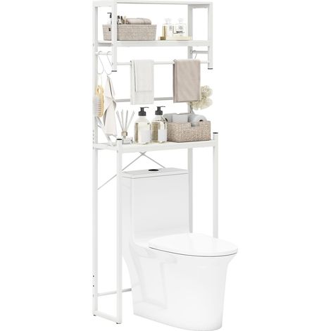 COSTWAY Étagère de Toilette, Meuble WC, 3 Niveaux, Étagère de Salle de Bain, Rangement au-Dessus des Toilettes avec Porte-Serviettes, 3 Crochets, Gain de Place, 64 x 24 x 162 cm, Blanc (1/5)