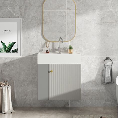 Mobile bagno con lavabo 55 cm sospeso grigio e bianco DESVIAE (1/5)