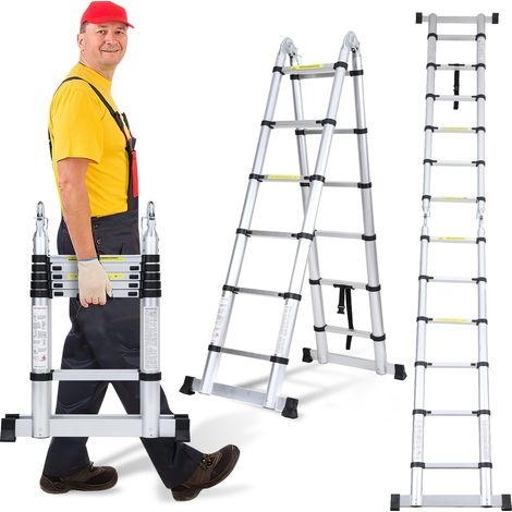 TolleTour Escalera telescópica plateada de 3,8 m, plegable, multifuncional, para interior y exterior, 150 kg