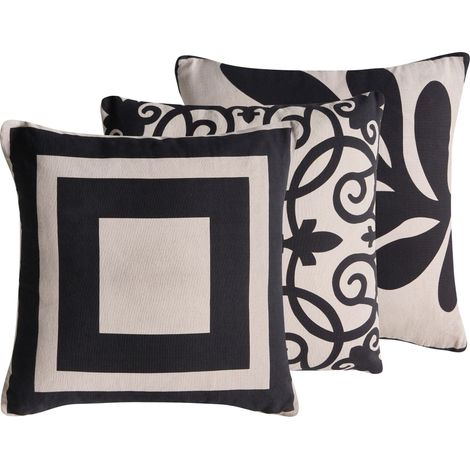 Lot de 3 Coussins Décoratifs en Coton Tissu Motif Abstrait 45 x 45 cm Blanc et Noir Merbau
