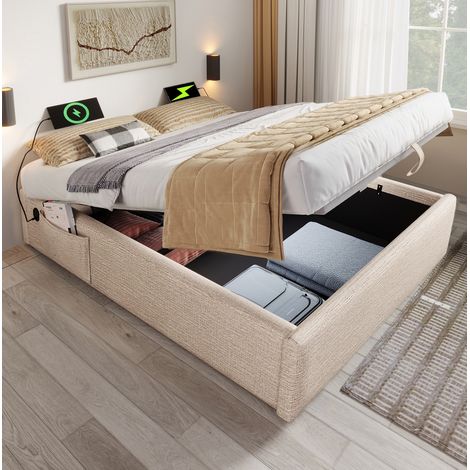 Letto contenitore 160x200 cm in lino beige e naturale con porta USB/Type-C, vano contenitore integrato e supporto su tutta la superficie. (1/5)