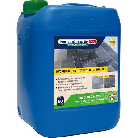 Guard Industrie – ProtectGuard EM Premium hydrofuge oléofuge anti-tâches – Effet mouillé intense pour pierre, béton, brique – Formule végétale 4KG