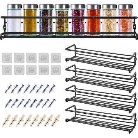 Metal Wall-Mounted Spice Rack, 4-Piece Set - Approximately 29×8×6cm, Black Wall-Mounted Spice Rack (1/5)