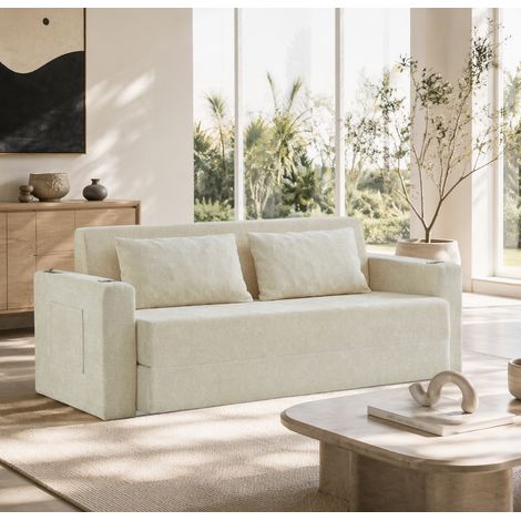 Divano letto 2 posti in ciniglia beige con USB, 2 cuscini HAVRYA (1/5)