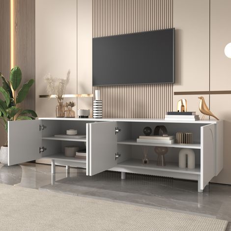 Meuble TV 175x38x56 cm en panneaux de bois blanc, avec rangement, pour salon FLORAGRACE (1/5)