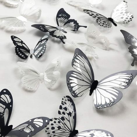 36 piezas de pegatinas de pared de mariposas de cristal 3D coloridas con adhesivo, papel satinado, mariposas, decoración DIY para habitaciones de bebés y niños (blanco y negro) (1/5)