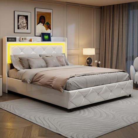 Lit coffre double adulte 140x200 cm avec rangement hydraulique, LED, ports USB et Type-C, similicuir brillant