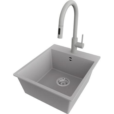 PRIMAGRAN Evier Cuisine en Granit 43x50cm,Lavabo 1 bac + Robinet 40x20cm + Kit de Vidage, Évier à Encastrer au meuble 45cm - Riga, Gris (1/5)