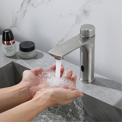 Robinet lavabo automatique sans contact en acier inoxydable, mitigeur salle de bain infrarouge mains libres, robinetterie moderne hygiénique eau froide et chaude (1/4)