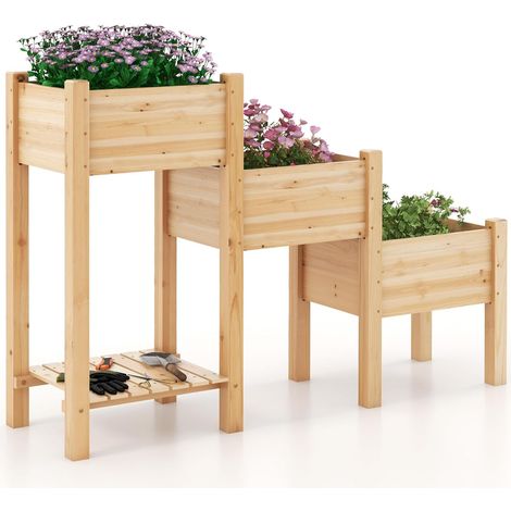 COSTWAY Hochbeet 3 Etagen, erhöhtes Gartenbeet mit Ablage, Pflanzkasten aus Holz, Pflanzenbeet mit Entwässerungslöchern, Frühbeet für Balkon Garten Terrasse, 161x43x104cm, Natur (1/5)