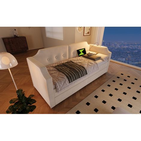 Lit coffre de 90x200 cm, avec éclairage USB-Type-C. Lit de jour doté de 2 tiroirs pour ranger des affaires. Lit pour enfants ou lit adolescent. (1/5)