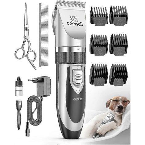 Tondeuse à poils de chien silencieuse Oneisall, tondeuse professionnelle pour chiens et chats, tondeuse électrique sans fil (argent) (1/5)