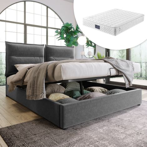 Hydraulisch Doppelbett Polsterbett 140x200cm,Verstellbares Kopfteil, Bett mit Lattenrost aus Metallrahmen, Samt, Modernes Bettgestell mit Stauraum, Großer Stauraum, Grau(Mit Matratze)