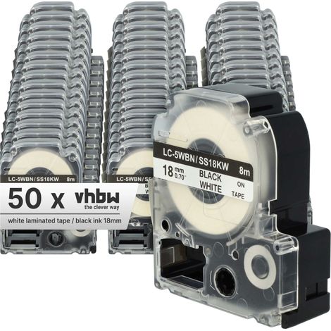 vhbw 50x Label Tape Replacement for Epson LC-5WBN for Label Printer 8m x 18 mm, Black on White, plastic (1/4)
