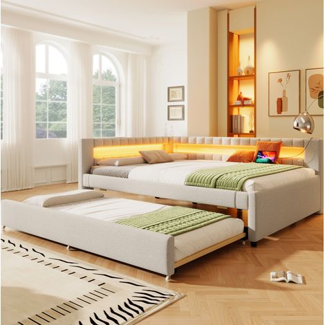 Letto matrimoniale estraibile in lino 140x200 beige OKMYHOME (1/5)