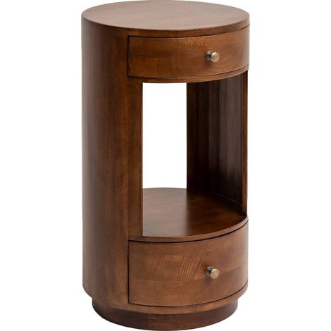 Made In Meubles – Table de chevet ronde en bois de manguier foncé – 2 tiroirs avec poignées en métal doré – Dimensions 62x35x35 cm – Pour chambre à coucher