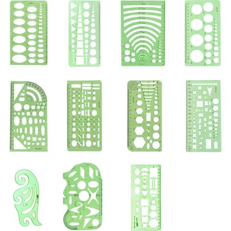Stencil Set - Geometry Ruler - Architectural Drawing Template - Clear Green Plastic - 11 Pieces - For School Art Studio Office