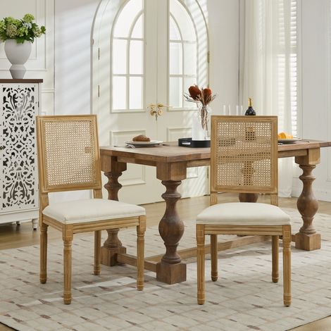 Lot de 2 chaises de salle à manger style ferme française, dossier carré en rotin tressé, assise en lin à ressorts, bois massif patiné (1/5)