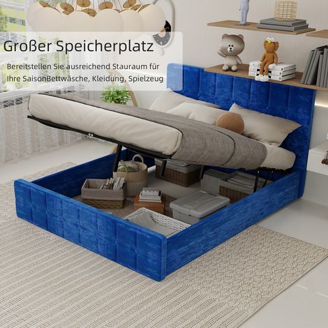 Cama 160x200 cm azul marino de terciopelo con cabecero acolchado y capitoné (1/5)
