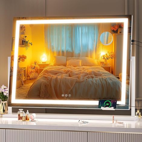 Hasipu Schminkspiegel mit Beleuchtung 80 x 60 cm, LED Kosmetikspiegel mit Handyhalterung und USB-Ladeanschluss, 360° Drehung Tischspiegel für Make-up Gerade Weiß